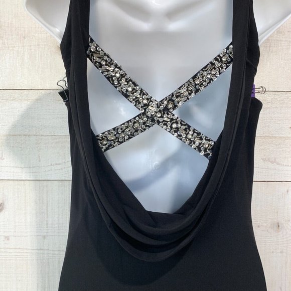 Betsy and Adam dress black sequin strappy formal cut out draping back - Picture 9 of 11